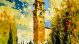 A yellowish orange colored mythical bell tower painted by Claude Monet