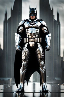 Batman in futuristic chrome armor, photograph