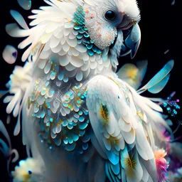 Parrot portrait, Beautiful and pretty By Mandy Disher, full body, all angles, fantastical otherworldly, white flowers, vibrant colors, intricate infinite fractal micro synapses diamond feathers, intricate details, Ismail Inceoglu, bokeh,
