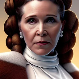 extremely detailed 8k hyperspace wallpaper,complete and photo realistic detailed head to waist stunning photo realistic portrait of carrie fisher as Princess Leia in star wars with photo realistic fine, simple, symetric coiffed hairdo, brown eyes, professional majestic photo realistic painting by Ed Blinkey, Atey Ghailan, by Jeremy Mann, Greg Manchess, Antonio Moro, trending on ArtStation, Intricate, High Detail, Sharp focus, dramatic, by greg rutkowski,