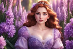 Amongst pink and purple hyacinths, she graces the scene, A spring girl with auburn hair, a vision serene, In her floral dress, she sits, elegance untold, A fantastical Elsa, enchanting hearts untold. front view, Elsa's face, digital art, high quality, 4k