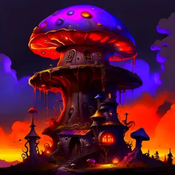 A fantabulous black, orange, and indigo(((mushroom tower house))) erected atop a (geologic pillar), surrounded by the uncanny imaginative ((( swirling skies))), offset by the stark hues of a (neon-tinged nebulous space scape), within. captured by the hand a skilled master painter with a focus on (softly blurred compositions and voluminous lighting).