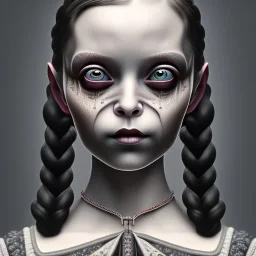 close up portrait of wednesday addams, fine detail, highly intricate, modern surrealism painting, defined cracks and breaks, high-quality, volumetric lighting, 8k, ultrahd, George Grie, Marco Escobedo, Igor Morski,Brian Froud, Howard Lyon, Selina French,