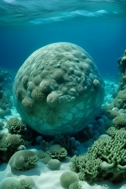 A grayish blue underwater reef with ball-shaped coral painted by Auguste Rodin