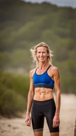 anorexic beautiful woman, age 30, total shot, black capri leggins, triathlon top, blonde surfer hair, blurred beach background