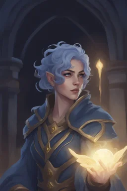 Dnd character in the Underdark. A female Elf twilight cleric with curly, super short, blue hair and golden eyes, wearing gray and dark blue robes. Etheral, muscular, strong.