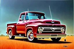 a true-to-life 1956 ford f100, classic wheels, centered, intricate, extreme detailed, photorealism, center view, suburb background, pivot on ford, pen and color marker, painting by cheryl kelley