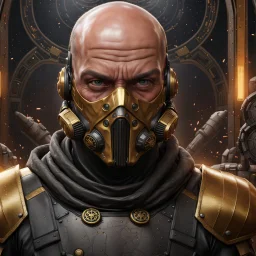 star wars bald male corellian pilot wearing pearlescent black and gunmetal grey First Order special forces heavy assault stealth commando armor and helmet with gold trim inside the jedi temple, hyperdetailed, dynamic lighting, hyperdetailed background, 8k resolution, volumetric lighting, light skin, fully symmetric details