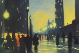 City, people, street, street lights, city lights, distant city, philip wilson steer impressionism painting