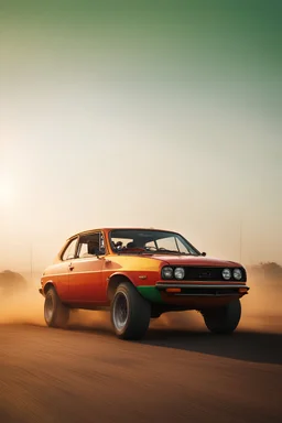 Theme or Concept: Sunrise Car Racing Event in Ethiopia Color Palette: Emphasize the colors of the Ethiopian flag: green, yellow, and red. Additionally, sunrise colors like warm oranges and yellows. Mood or Emotion: Energetic, dynamic, and celebratory Subject and Composition: Custom cars, including Fiat 131 and Fiat 128 One of the cars is jumping, adding excitement to the scene Style Preferences: Dynamic and action-oriented, with attention to car details and customizations Elements and Detai