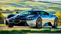 A sleek (((a fusion of buagtti and bmw))), its glossy shell reflecting the (((bright sun))), cutting through a (((clear bright blue morning sky)))