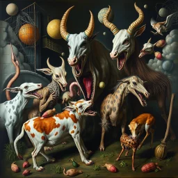 Surreal deformed animal farm, maximal composition by Dado, surreal horror, descent into madness, oil painting