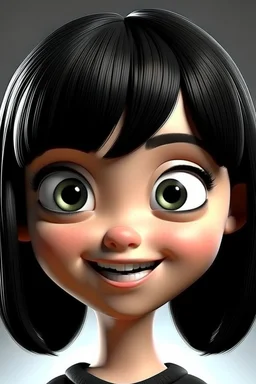 3D Cute girl perfect big eyes ,smiley with bob hair ,medium black with bangs