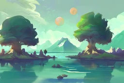 illustration concept art water color style for teenagers in other planet watching the moon and mountains having adventure two teenagers mystery weird cretures trees exiting