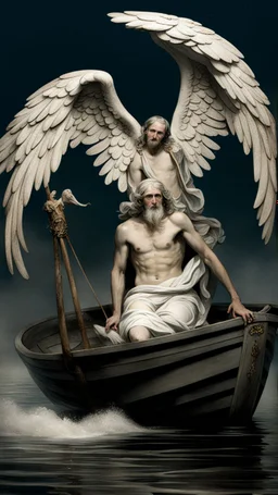 Charon in his boat wearing angel