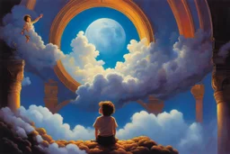 A child having a beautiful dream floating on a cloud painted by Michael Whelan. concept art, mid shot, intricately detailed, color depth, dramatic, 2/3 face angle, side light, colorful background