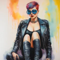 full body portrait -- an absolutely stacked female strawberry with pixie-cut hair, a perfect hourglass figure, perfect face, wearing a studded, black leather biker's jacket and pants with 12-inch platform boots and goggles, bright, colorful, multicolored, watercolor stained wall in the background