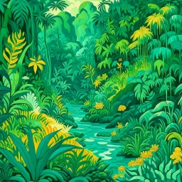 A bluish green jungle with a toxic river designed in Chinese paper art painted by Vincent van Gogh