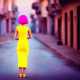 Beautiful lonely girl who walks along a street without people at dawn. You see her from behind. She wears very short yellow dress. She has short pink hair with glowing crystals. Full body, 8k resolution concept art. Professional Photo HD. Stylish. Warm vivid colors. Panoramic