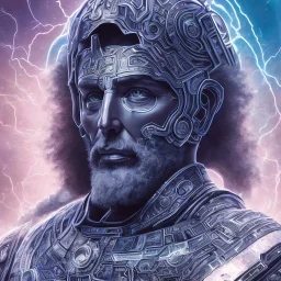 symetrical, centered, ultra detailed, digital art, in center is a portrait of highly detailed greek colossus surrounded by quantum galaxy codes seeking knowledge, detailed face, dominating colors = gray light blue, lightning,