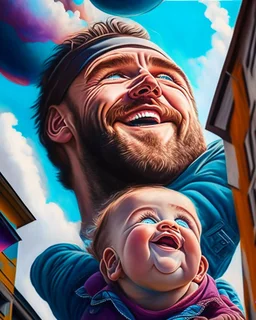 Papá feliz sonriente levantando a su bebé al cielo y mirándolo a los ojos felíz colores contrastantes obra de arte arte callejero impactante detallado hiperrealista 8k