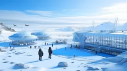 Futuristic research station in an Arctic landscape, sleek white architecture blending with ice, seals and seabirds nearby, small groups of people observing the frozen environment.