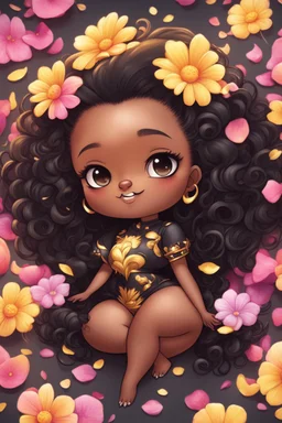 A sassy thick-lined airbrushed cartoon black chibi girl lounging lazily on her side, surrounded by flower petals. She has a golden lion tail curling playfully behind her curvy body. Looking up coyly, she grins widely, showing sharp lion teeth. Her poofy hair forms a mane framing her confident, regal expression.