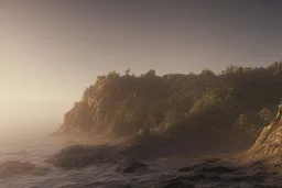 Craggy cliffside overlooking a sandy beach, fantasy, day time, light,mystical