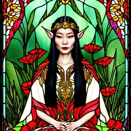 Stained Glass Art Nouveau art style A beautiful as a model asian woodland elf princess who looks like a young Lucy Liu seated on a throne surrounded by poppies and marijuana leaves in a mystical forest, photo-realistic