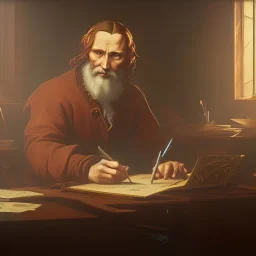 leonardo da vinci works in his study on a laptop at his desk. painting in photoshop. hyperdetailed, warm colors, movie poster, photoillustration, oil on canvas, lens flare