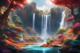 阿凡达星球：悬浮山脉，巨大瀑布流，五彩斑斓的树叶，纳瓦特人与自然和谐相处，发光花朵，飘动悬浮植物，巨大森林巨树。