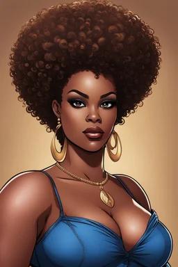 create a comic book art illustration of a plus size dark skinned black female wearing Tight blue jeans and a hazel brown off the shoulder blouse. Prominent make up with long lashes and hazel eyes. She is wearing brown feather earrings. Highly detailed full black tight curl afro