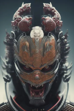 Furious rage, samurai warrior mask, close-up, macro lens, centered camera, intricate details, small minutiae, tiny features, particulars, colorful, 8k, least ambient occlusion, volumetric lighting,