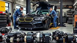 A car repair shop where two people in work clothes are repairing a black and yellow BMW M6 series with an eye-catching theme in a sophisticated and special repair shop where a collection of car engine parts is arranged on the floor at the bottom of the image.