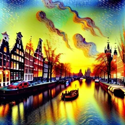 Drawing in oil of medieval Amsterdam city river, clouds, boats , sunset, fantasy 8k by Van Gogh