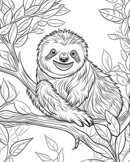 create a 2d black outline, "safari smiling cartoon sloth on a branch coloring book for kids", coloring page, low details design, black contour, coloring page design, simple background, colorful , card style, coloring page for kids, white background, sketch style, safari landscape, cartoon style