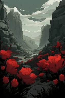 The grang canyon, Han illustration with a field with red flowers cloudy in dark aesthetic