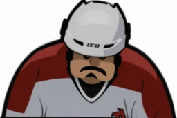calvin angry pouting with head down wearing a hockey helmet, line art cartoon