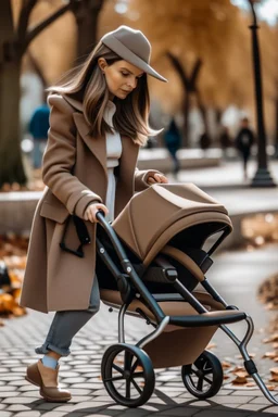 Mom walking with baby in pram