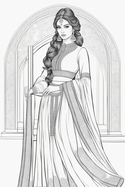 coloring page for adults of fashion model wearing hindi dress, thick and clear lines hair, full body portrait, style clean coloring page for adults, cartoon style, clean line art high detailed, white background, coloring book style, 8k, no-shading, thick lines hair, no-grayscale, lines hair