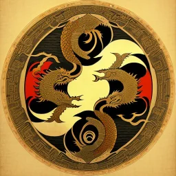 Ukiyo-e styled art, yin and yang sign,dragons