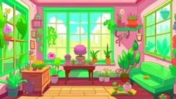 Fantasy cartoon illustration: Cute living room with lot of plants and flowers. There is a large window on one wall.