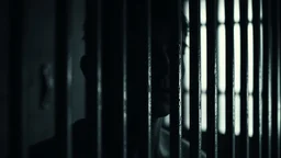 close up parallel prison window bars in foreground, hidden dark human face partially visible through the window bars, pale light, dark prison cell behind them,, shadows in background, ultra realistic, dark atmosphere, high contrast shadows, dark vibe