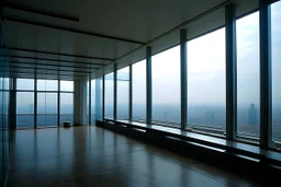 large and rectangular room on the top floor of the building, with large windows through which you can see the city's skyscrapers. diaphanous, only with columbas holding up the roof