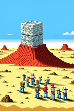 giant matchbox with pepe on the top smoking in the desert with small people around n the style of Hiroshi Nagai