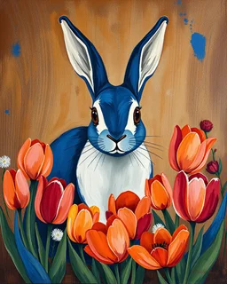 “The Cobalt Rabbit of the Painted Garden”. A magnificently stylised abstract rabbit rendered in bold flowing impasto brushwork sits serenely at the centre of a richly textured vintage timber-grain background. Its sleek elongated form built from sweeping strokes of deep cobalt and warm ivory. Its enormous eyes, two perfect circles of molten amber, meet the viewer with calm directness. Around it, an expressive folk-art garden blooms in bold gestural strokes. Stylised tulips in vivid coral and gol