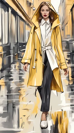 Fashion show walk onto the evening street. Fall rain weather 2024 Trends for fashion women. Bright print Inscription white cream this lemon brown color fashion Raincoat.