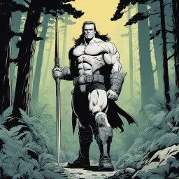 [comics Head Lopper style by Andrew MacLean] Towering Arnold Schwarzenegger in the enchanted forest