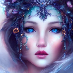 realistic face, Beautiful goddess of winter, intricately beautiful face, knees up portrait, "in the style of Laura Sava, deep color, fantastical, intricate detail, splash screen, complementary colors, fantasy concept art, 8k resolution, Unreal Engine 5"