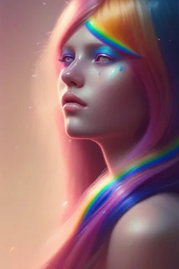 girl, cute, beautiful, long hair, rainbow hair, rainbows, close up portrait by Greg Rutkowski